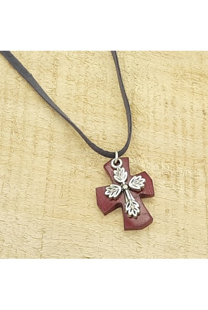 Brown Dyed Bone Brass Silver Plated Double Cross Leather Necklace